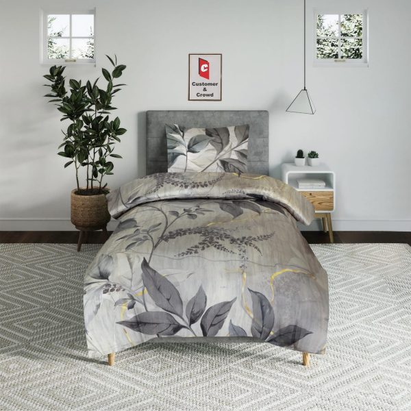 Luxury 100% Cotton 300TC Grey Floral Single Duvet Cover Set – Modern Botanical Design