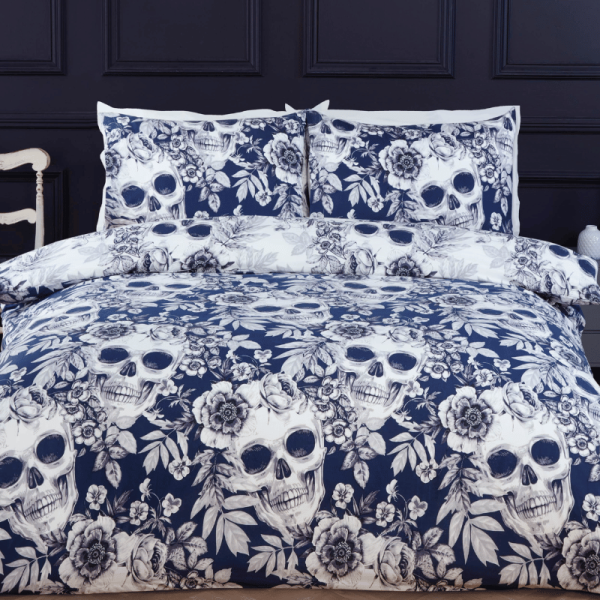 Luxury Easy Care Duvet Set Gothic Skull Navy